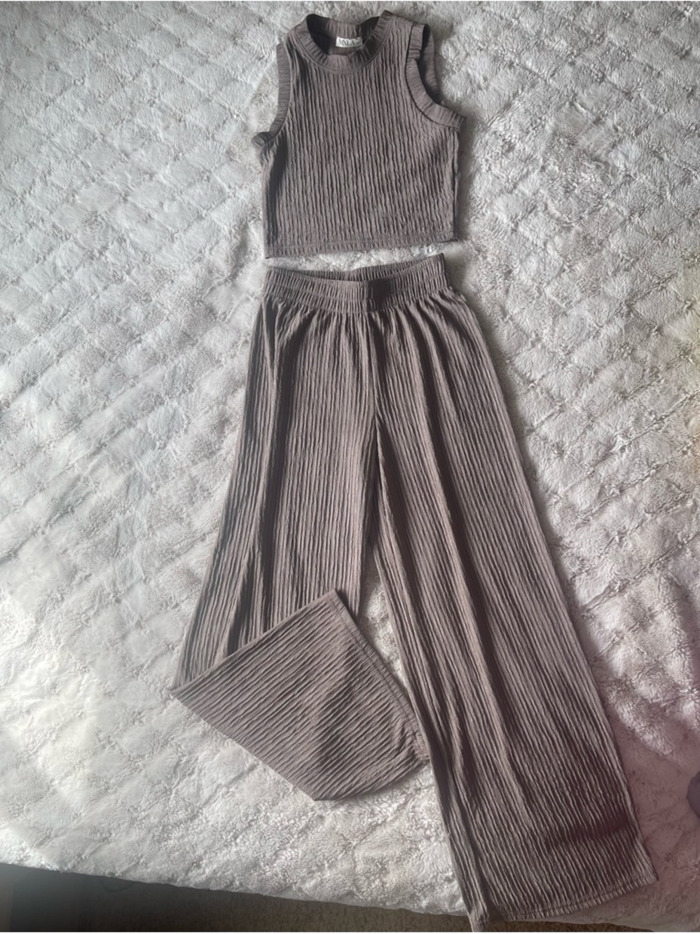 Wide Leg Ribbed Two-Piece Set - Taupe
